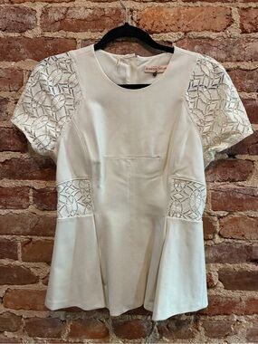 Rebecca Taylor Cream Lace-Sleeve Peplum Blouse